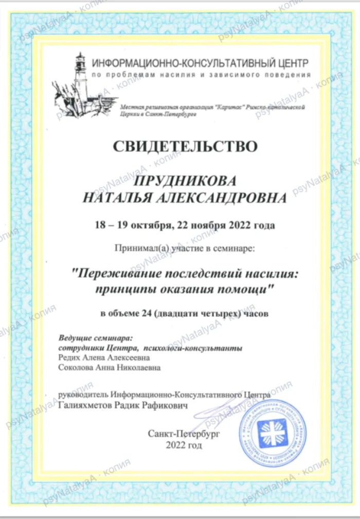 Свидетельство: семинар «Переживание последствий насилия: принципы оказания помощи», 24 часа