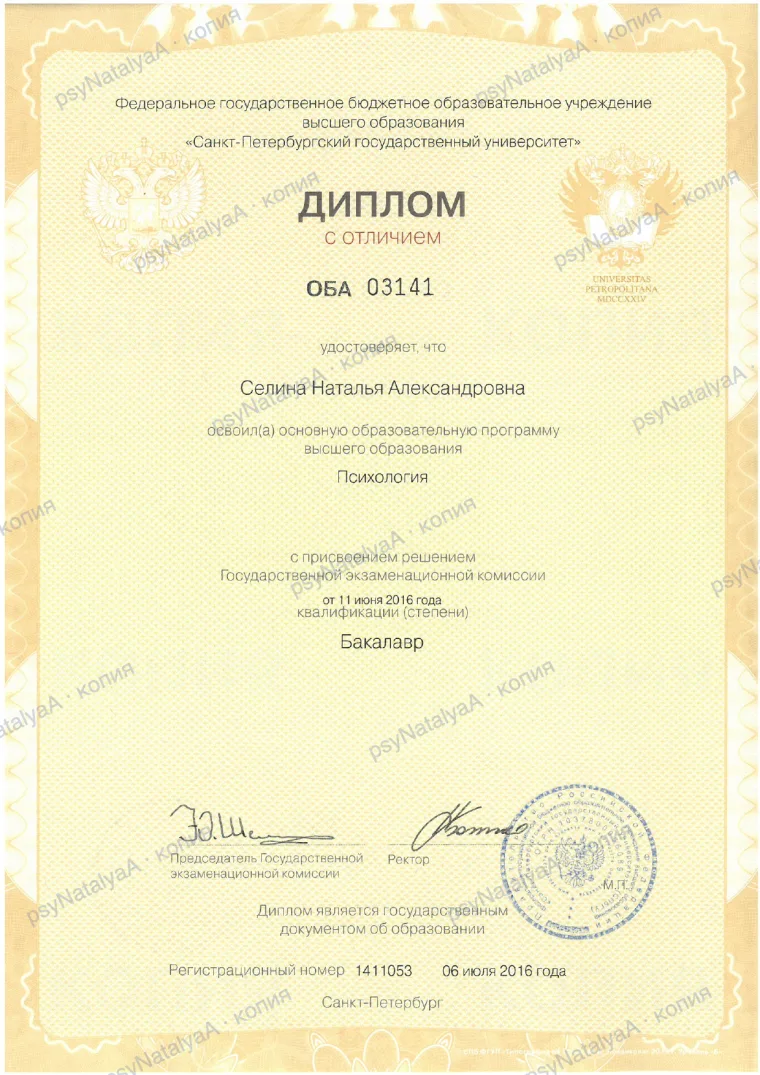 Диплом бакалавра с отличием, СПбГУ, программа «Психология», 2016