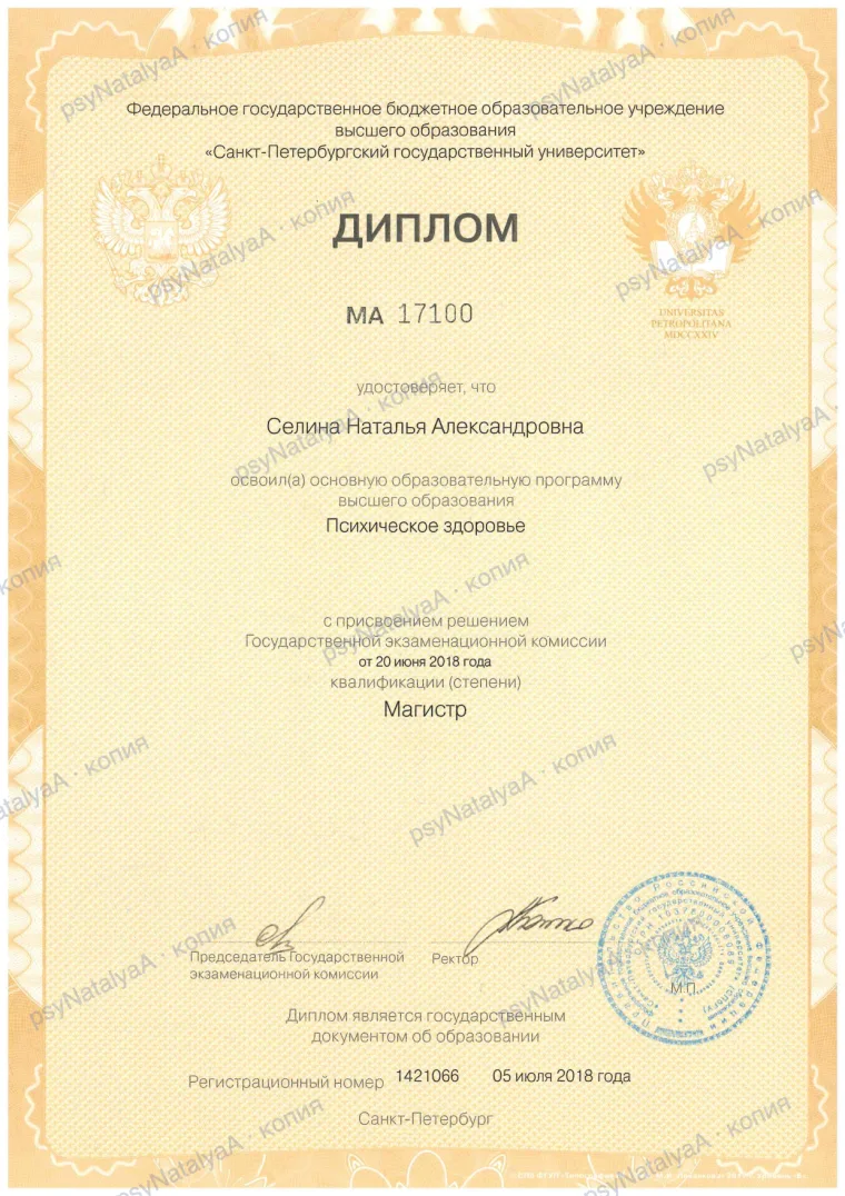 Диплом магистра, СПбГУ, программа «Психическое здоровье», 2018